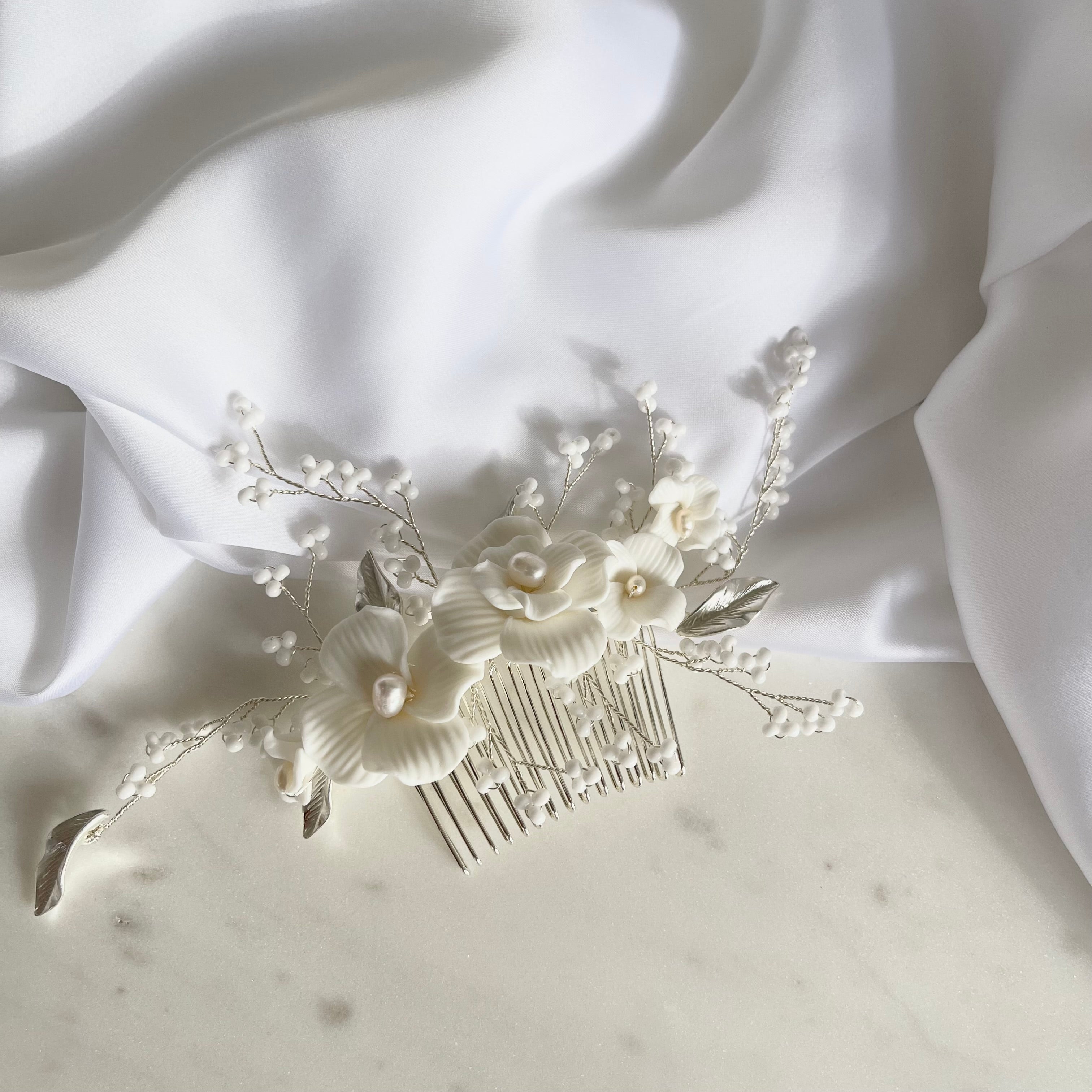 Pearl Petal Whispers Silver Hair Comb